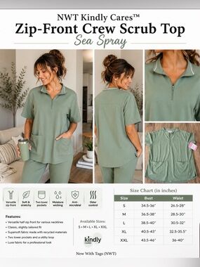 NWT Kindly Cares Zip-Front Crew Scrub Top Sea Spray Green Size Large Women's